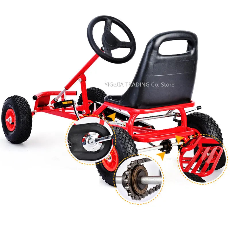 4 Wheel Pedal Powered Ride On Car, Outdoor Racer Pedal Go Kart with Adjustable Seat, Rubber Wheels, Brake