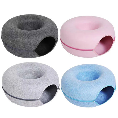 Donut Cat Bed Tunnel Interactive Bed Toy House for 2 Cats Felt Pet Cat Half Closed Cave Indoor Training Kennel Toy Pets Supplies