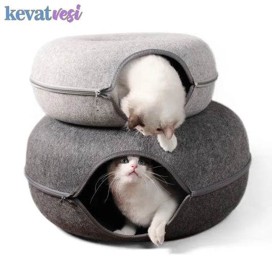 Donut Cat Bed Tunnel Interactive Bed Toy House for 2 Cats Felt Pet Cat Half Closed Cave Indoor Training Kennel Toy Pets Supplies